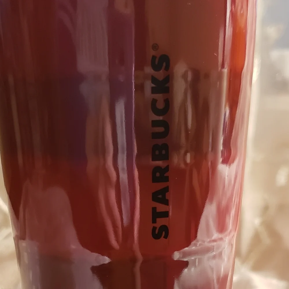 Starbucks 2021 Holiday Burgundy and Red Striped Ceramic Tumbler W/ Plastic Lid